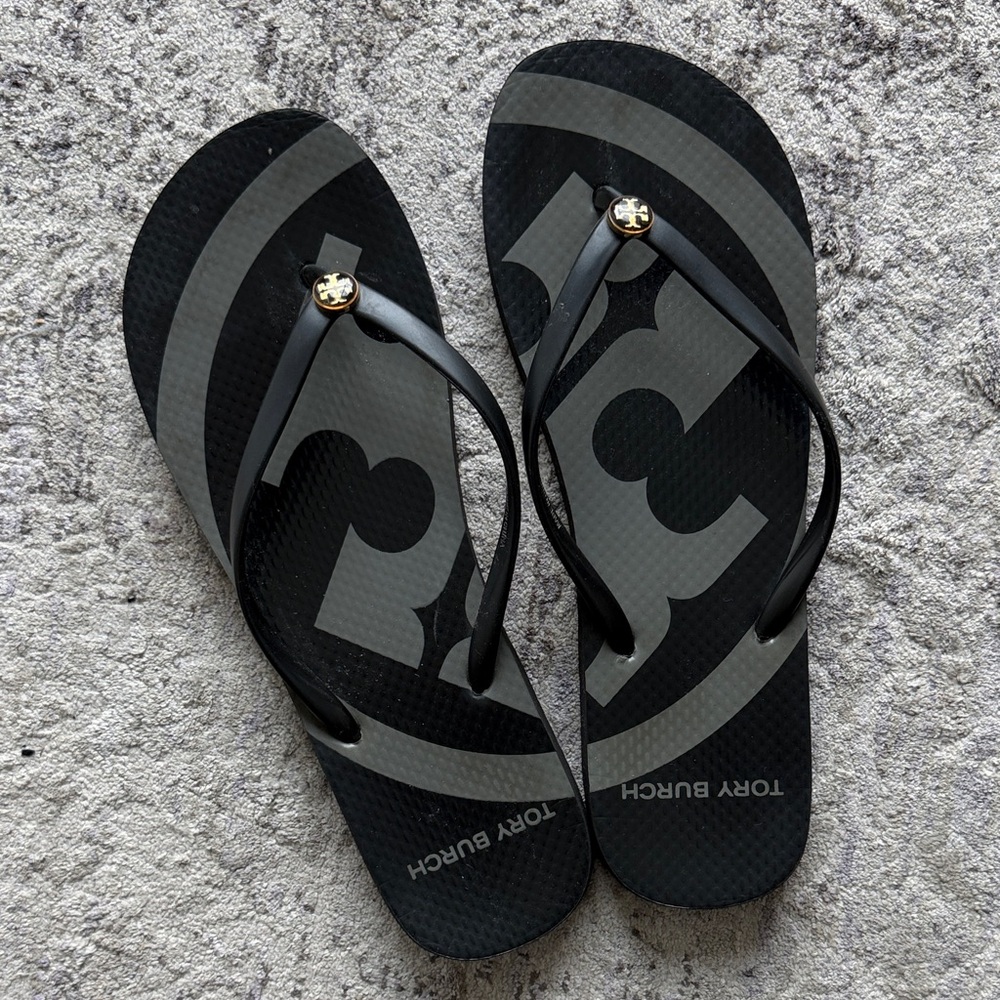 Tory Burch Black and Gray Logo Flip Flops with Gold Logo